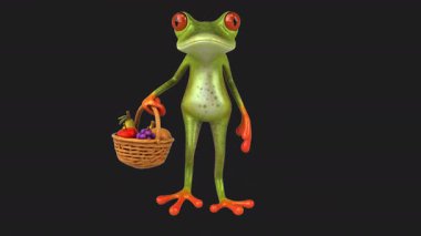 Meyve tutan komik kurbağa çizgi film karakteri - 3 boyutlu animasyon 