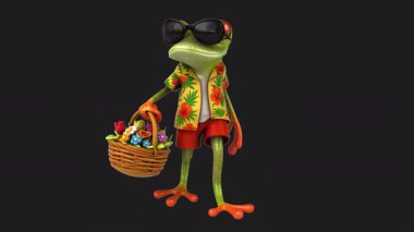 Elinde çiçekler olan komik kurbağa çizgi film karakteri - 3 boyutlu animasyon 