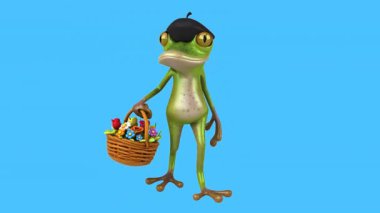 Elinde çiçekler olan komik kurbağa çizgi film karakteri - 3 boyutlu animasyon 