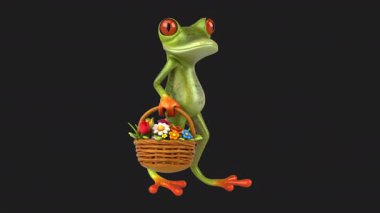 Elinde çiçekler olan komik kurbağa çizgi film karakteri - 3 boyutlu animasyon 