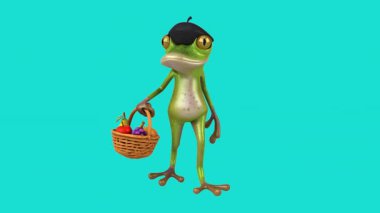 Meyve tutan komik kurbağa çizgi film karakteri - 3 boyutlu animasyon 