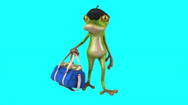 Para çantası taşıyan komik kurbağa çizgi film karakteri - 3 boyutlu animasyon 