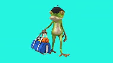 Spor çantası taşıyan komik kurbağa çizgi film karakteri - 3 boyutlu animasyon 
