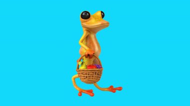 Çizgi film sarı kurbağa mavi arka planda sepet meyve taşıyor.