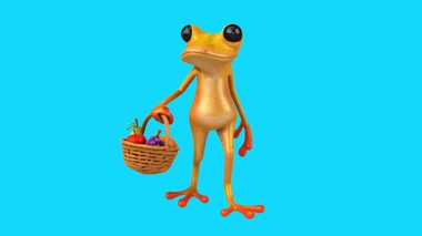 Çizgi film sarı kurbağa mavi arka planda sepet meyve taşıyor.