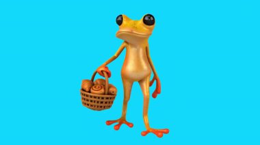 Mavi arka planda sepet dolusu hamur işi taşıyan sevimli sarı kurbağa.