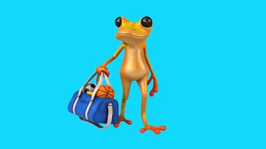 Şirin sarı kurbağa büyük mavi spor çantası taşıyor.