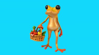 Çizgi film sarı kurbağa mavi arka planda sepet sebze taşıyor.