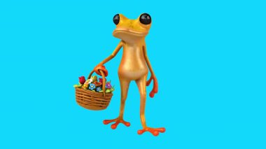 Çizgi film sarı kurbağa mavi arka planda hasır çiçek sepeti taşıyor.
