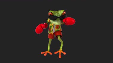 Siyah arka planda şirin kurbağa karakter boksu.