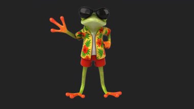 Siyah arka planda el sallayan sevimli kurbağa karakter.