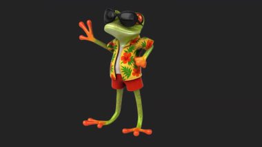 Siyah arka planda el sallayan sevimli kurbağa karakter.