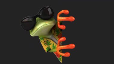 Renkli gömlek ve güneş gözlüğü takan sevimli kurbağa karakter.