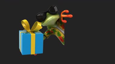 Renkli gömlek giyen ve hediyesini tutan bir kurbağa.