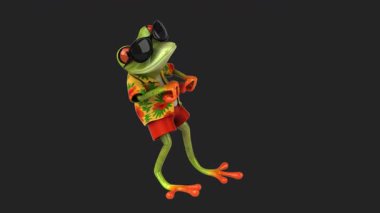 Çizgi film kurbağası renkli gömlek giyip aptalca hareketler yapıyor.
