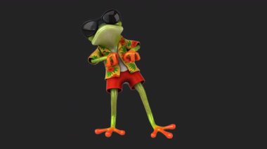 Çizgi film kurbağası renkli gömlek giyip aptalca hareketler yapıyor.