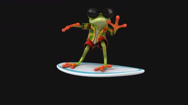 Renkli gömlek giyen ve siyah arka planda sörf yapan bir kurbağa.