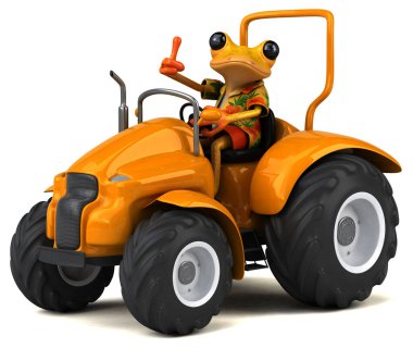 3 boyutlu komik kurbağa ve traktör çizimi.