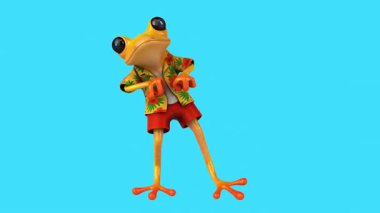 Eğlenceli 3 boyutlu çizgi film karakteri. Hawaii tişörtlü dans eden kurbağa. 