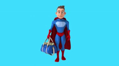 3 boyutlu eğlenceli çizgi film kahramanı para dolu çantayla yürüyor. 