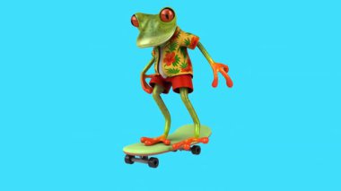 Eğlenceli üç boyutlu çizgi film karakteri. Hawaii gömlekli kurbağa paten kayıyor. 