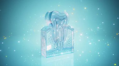 Parlak diş şeklindeki parfüm şişesini gösteriyor.