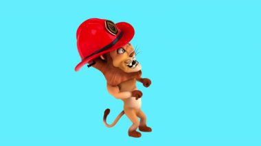 Kırmızı itfaiyeci şapkası takan çizgi film aslanı.