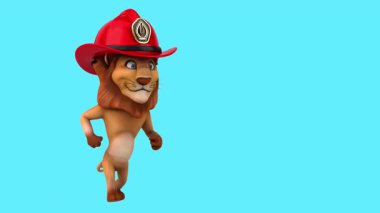 Çizgi film aslanı itfaiyeci şapkası takıyor.