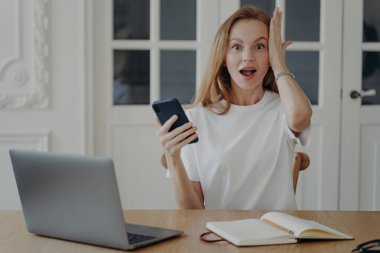 Akıllı telefon tutan duygusal genç bir kadın kameraya ağzı açık bakıyor, online mağaza teklifine şaşırıyor. Şaşırmış bir kadın inanılmaz bir haber aldı, masada dizüstü bilgisayarla oturuyor..