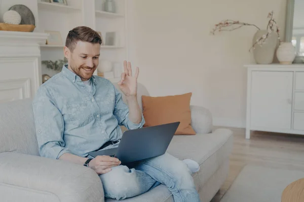 Young office male worker working remotely from home, showing ok gesture to his boss in online meeting while sitting on comfortable couch in modern living room with crossed leg