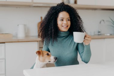 Mutlu genç kadının Afro saç stili var, beyaz bardakta sıcak içki tutuyor, uzaktan dişlek bir gülümsemeyle bir yerlere bakıyor, mutfak masasında oturuyor, en sevdiği evcil hayvanla, rahat bir atmosferde vakit geçiriyor.