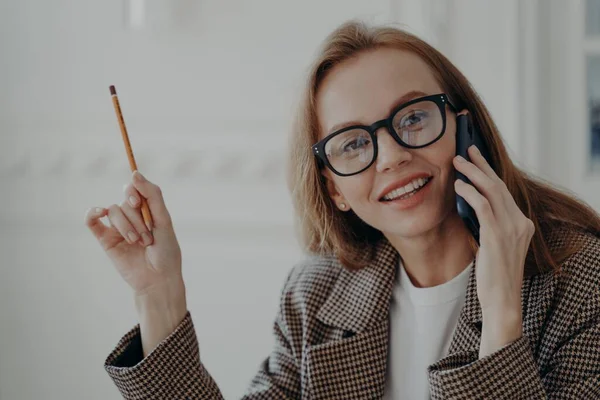 Business Lady Has Telephone Call Points Pencil Elegant Happy Mid — Foto de Stock