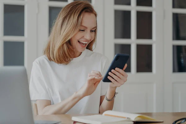 Businesswoman Distracted Message Excited Happy Blond Woman Texting Smartphone Home — Foto de Stock