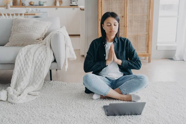 Calm Female Meditating Laptop Sits Floor Lotus Pose Listens Relaxing — Foto de Stock