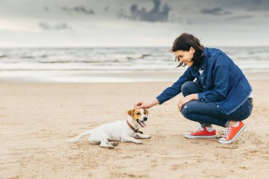 Genç güzel şık kadın köpek sahil üzerinde yağ çekme, hayvanların düşkün olmak hafta sonları ile evde beslenen hayvan, açık geçirmekten hoşlanıyor. Kadın ile köpek yürüyüş için mutlu. Yaşam tarzı ve eğlence kavramı
