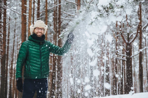 Portrait of cheerful handsome male wears fur cap with ear flap and yellow and green jacket, throws snow in air, enjoys free time spending in beautiful winter forest. People, relaxation concept