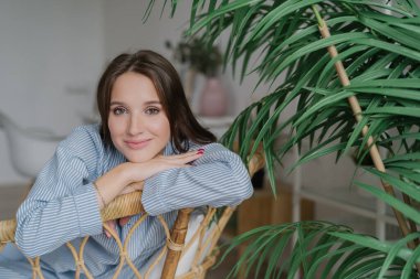 İnsanlar, eğlence kavramı. Güzel Avrupa kadın şık giysiler giymiş, yeşil bitki yakındaki tahta sandalyede oturur, olumlu kameraya benziyor, izinli, aile daire içinde boş zaman harcıyor