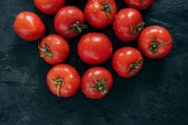Koyu arka planda yeşil yaprakları ile taze hasat kırmızı domates. Organik doğal sağlıklı gıda. Sulu çiğ domates. Taze sebzeler