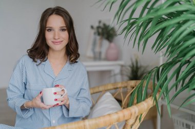 Gece kılık giyinmiş hoş görünümü ile rahat kadın görüntüsünü tutan kahve veya çay, yeşil bitki, geniş odada pozlar sevinir sabah. Boş zaman ve eğlence kavramı