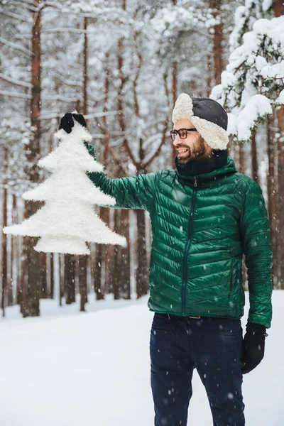 Vertikala Porträtt Dlightful Positiva Bearded Man Klädd Varma Vinterkläder Ser — Stockfoto