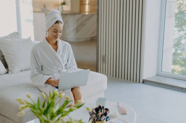 Çekici kadın modelin fotoğrafı bornoz giyer ve dizüstü bilgisayarda havlu tipi tipler serbest çalışır rahat koltukta oturur modern apartmanın iç dekorasyonuna karşı ev ortamında poz verir.