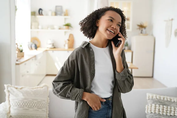 Modern African American Young Female Answer Call Talking Phone Friend — Stockfoto