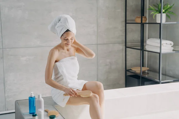 Lovely Girl Making Cellulite Body Massage Brush Bathroom Attractive Caucasian — ストック写真