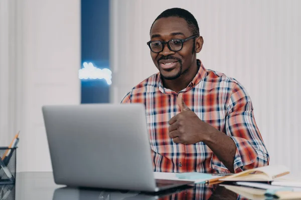 African American Young Man Showing Thumb Gesture Looking Laptop Black — Zdjęcie stockowe