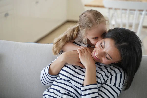 Cute Little Kid Hugs Mom Affectionate Family Has Happy Moments — Fotografia de Stock