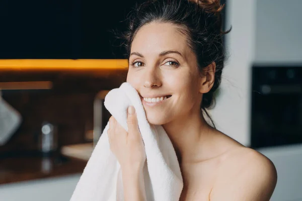 European Girl Wiping Face Towel Washing Young Brunette Woman Takes — Stok Foto