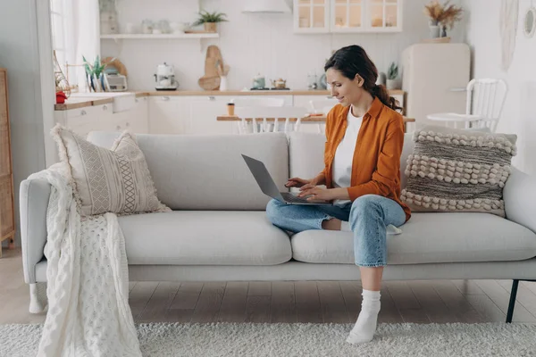 Relaxed European Woman Working Computer Home Caucasian Lady Sitting Couch — Stock Fotó