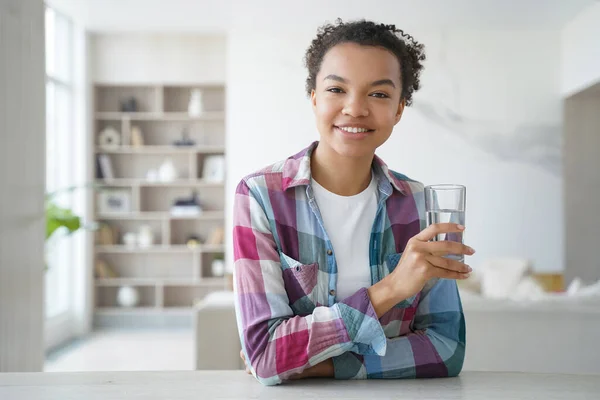 Happy African American Girl Drinks Pure Water Glass Gorgeous Young — Stock Fotó