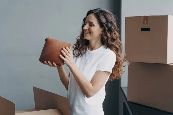 Relocation Delivery Service Concept Happy Girl Unpacking Cardboard Boxes Holding — Foto de Stock