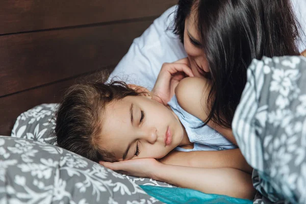 Happy Mother Looking Charming Daughter Having Sweet Dreams Bed — Stock Photo, Image